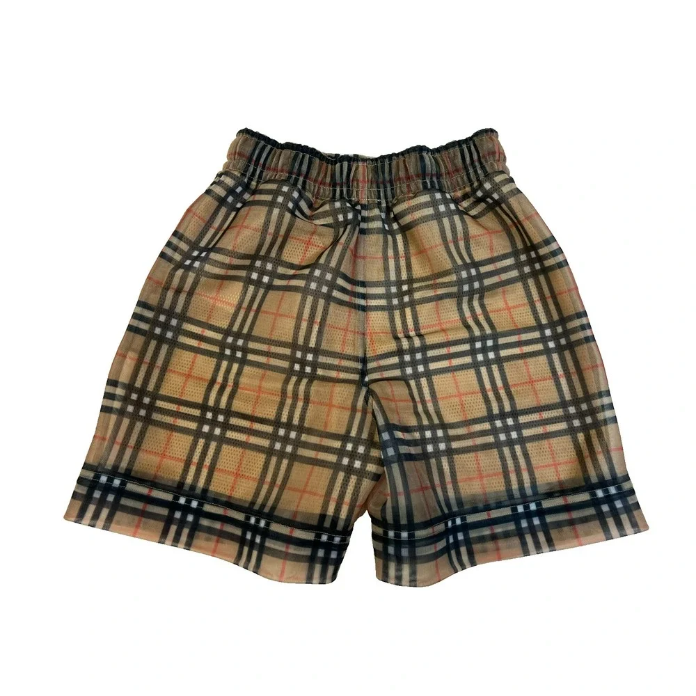 New Burberry Men's Swim Short Iconic Plaid Sheer Over Tan Mesh Pullon Pockets XS